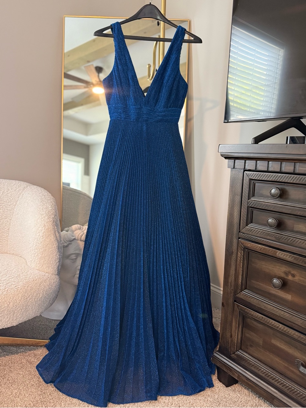 Deep Blue Pleated V-Neck Maxi Dress - Sleeveless Evening Gown